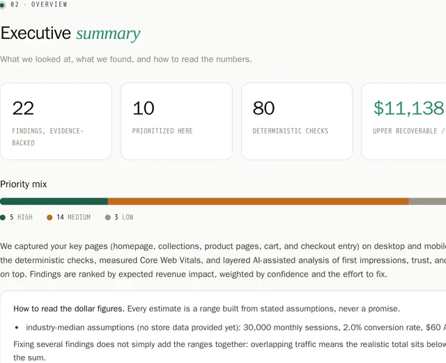 Executive summary page: finding counts, priority mix and how to read the dollar figures